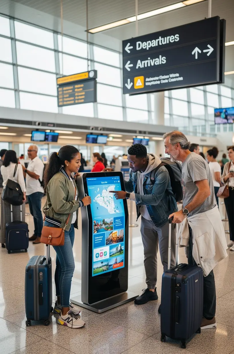 Вид на экран киоска с выбором экскурсий и активностей для путешественников, прибывающих в крупный американский аэропорт