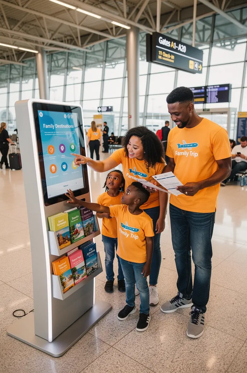 Турист выбирает печатный маршрут путешествия из киоска с подробными рекомендациями по достопримечательностям Америки